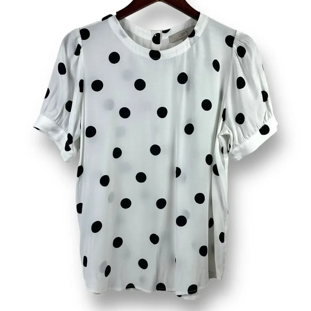 Loft Women's Size M Button Back Semi Sheer Polka Dot Blouse Black White